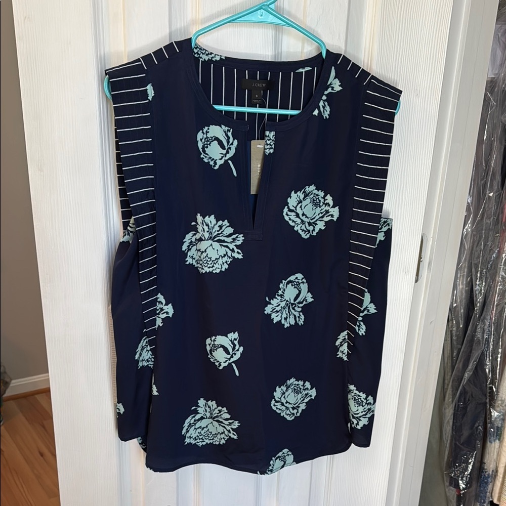 J. Crew Navy and Light Blue Floral Blouse